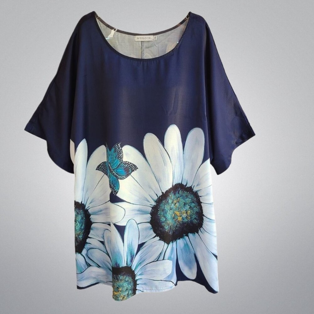 Misslook Women Top Blouse Pullover Short Sleeves Blue Daisy Floral Size 2XL